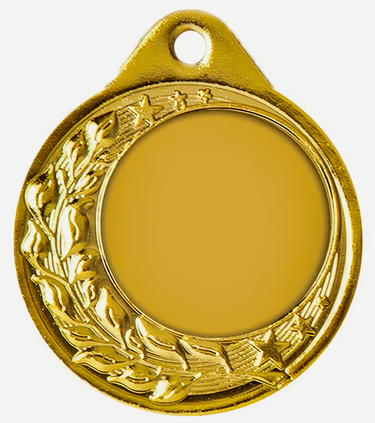 Die Medaillen Koblenz 40 mm PK79283g-E25 ist eine aus hochwertigem Material gefertigte Goldmedaille mit einem leeren runden Zentrum, wunderschön umgeben von einem Lorbeerkranz und Sternen. Sie verfügt über ein kleines Loch an der Oberseite zur einfachen Befestigung und zeigt ein exklusives Design, das perfekt für prestigeträchtige Medaillen ist.
